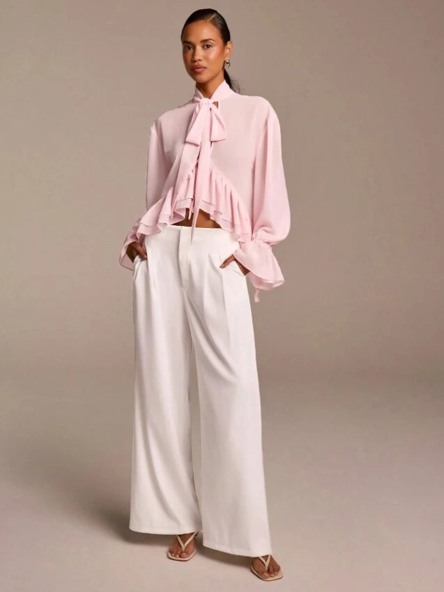COSMINA Womens Pink Ruffled Long Sleeve Blouse With Scarf Tie, Casual Elegant Resort Romantic Bohemian Sheer Ruffled Blouse COSMINA Womens Pink Ruffled Long Sleeve Blouse With Scarf Tie, Casual Elegant Resort Romantic Bohemian Sheer Ruffled Blouse - Image 1