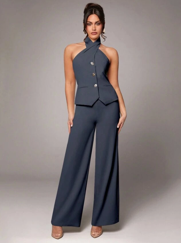 Silquee Womens Daily Simple Date Wear, Elegant Party, Seasonal Spring Wear, Sleeveless Solid Color, Apricot Pocket Design, Metal Buckle Slim Design, High Quality Womens Suit Two Pieces Suit, Suit Top Silquee Womens Daily Simple Date Wear - Image 1