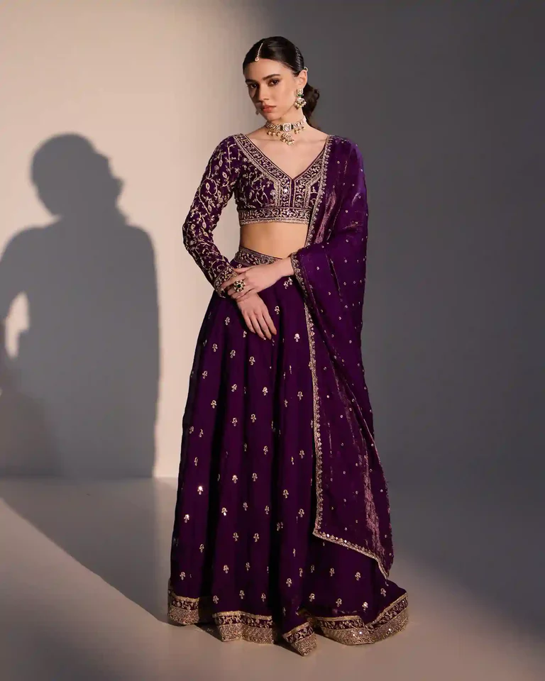 deeppurplelehenga1 Deep purple fendi silk kali lehenga - Image 1