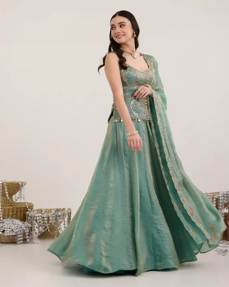 greenkurthifemale1 Mira teal green fendi silk lehenga - Image 1